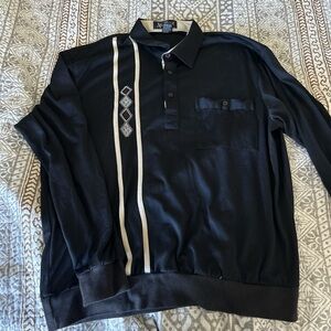 Alan Stuart Black Long-Sleeve Polo with Cream Stripe Detail
